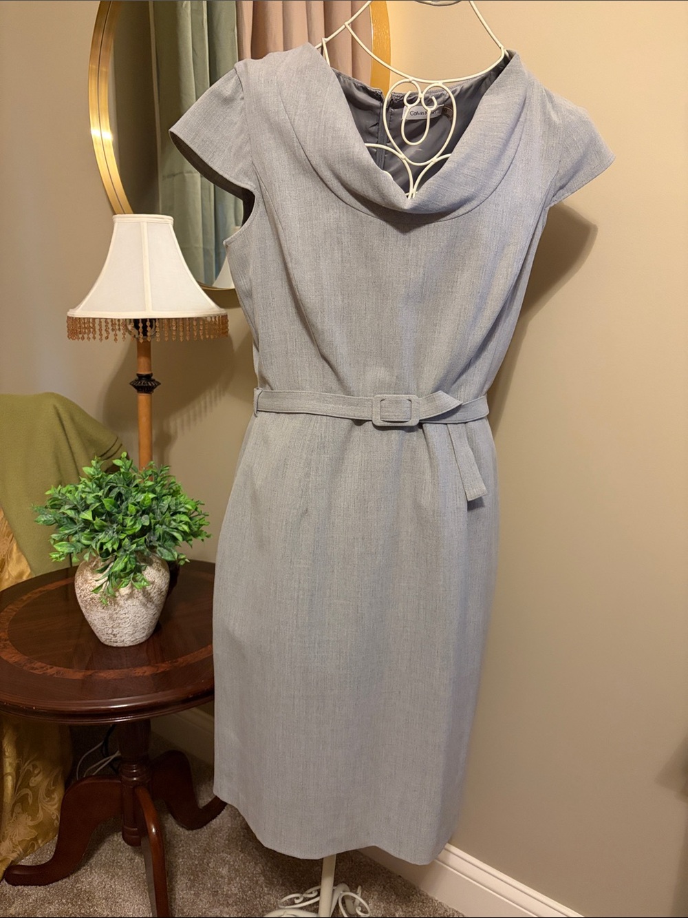 Calvin Klein Light Gray Belted Cowl Neck Sheath Midi Dress